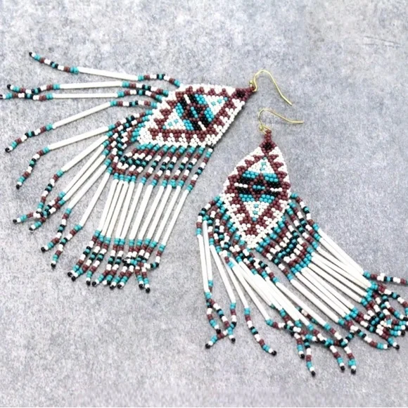 LAST PAIR: Western Aztec women’s cute seed bead long dangle fall earrings - Picture 3 of 3